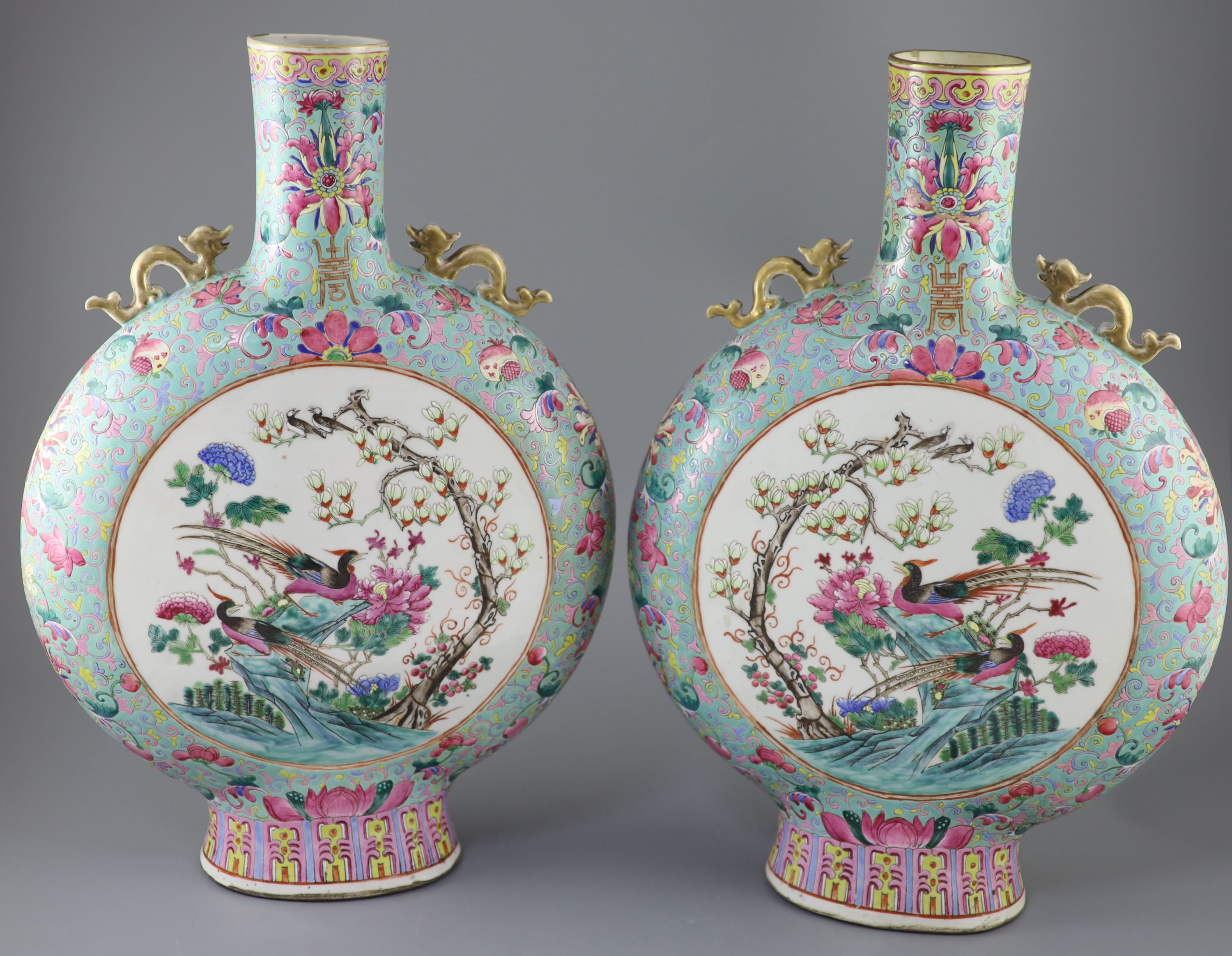 A pair of large Chinese turquoise ground famille rose moon flasks, Tongzhi seal mark and of the - Image 6 of 10