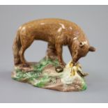 A Ralph Wood the Younger polychrome pottery figure of a fox with rooster, c.1780, 16.5cm