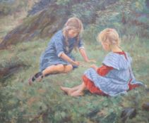 Thorvald Hagbart Torgersen (1862-1943)oil on canvasGirls playing upon a grassy banksigned and