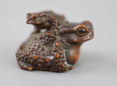 A fine Japanese wood okimono of toads, signed Masanao, 19th century, with black horn inset eyes,
