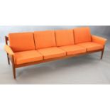A Grete Jalk for France & Son four seater sofa, with original burnt orange cloth upholstery and teak