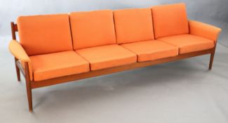 A Grete Jalk for France & Son four seater sofa, with original burnt orange cloth upholstery and teak