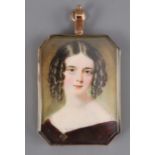 William Egley (1798-1870)oil on ivoryPortrait miniature of a young lady wearing a purple dress and
