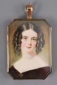 William Egley (1798-1870)oil on ivoryPortrait miniature of a young lady wearing a purple dress and