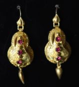 A pair of Victorian gold and pink stone set double gourd shaped drop earrings, 44mm, gross 6.5