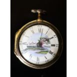 An early 19th century gilt metal keywind verge pocket watch by F. Shuttleworth, with Roman dial