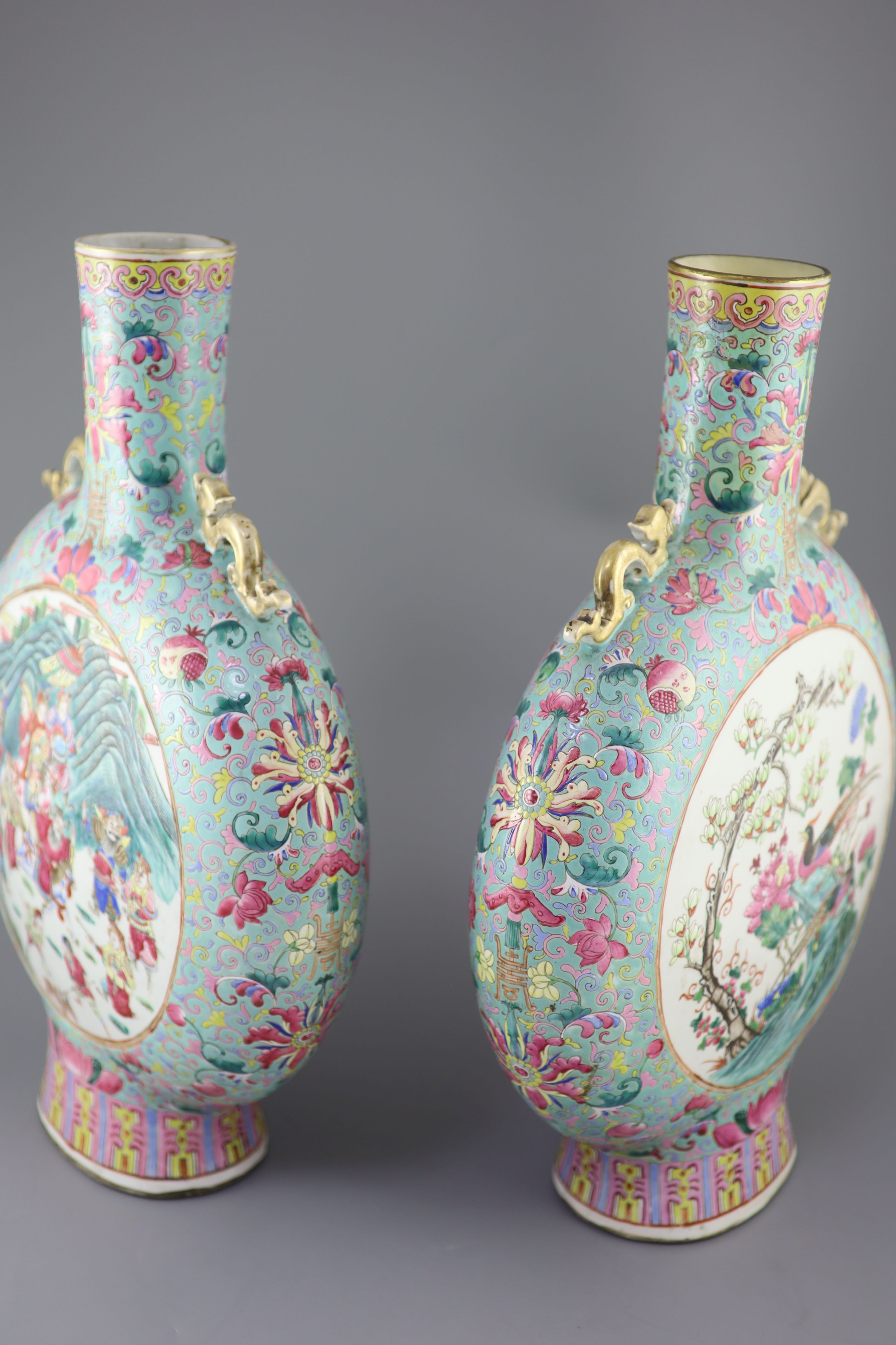 A pair of large Chinese turquoise ground famille rose moon flasks, Tongzhi seal mark and of the - Image 5 of 10