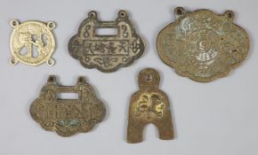 China, 5 bronze or brass charms or amulets, Qing dynasty-Republic period, three of lock shape,