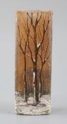 A Daum Nancy Art Deco cameo glass square vase, decorated with a winter woodland scene at dusk, the