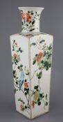 A large Chinese famille verte square tapered vase, 19th century, finely painted with a blackbird