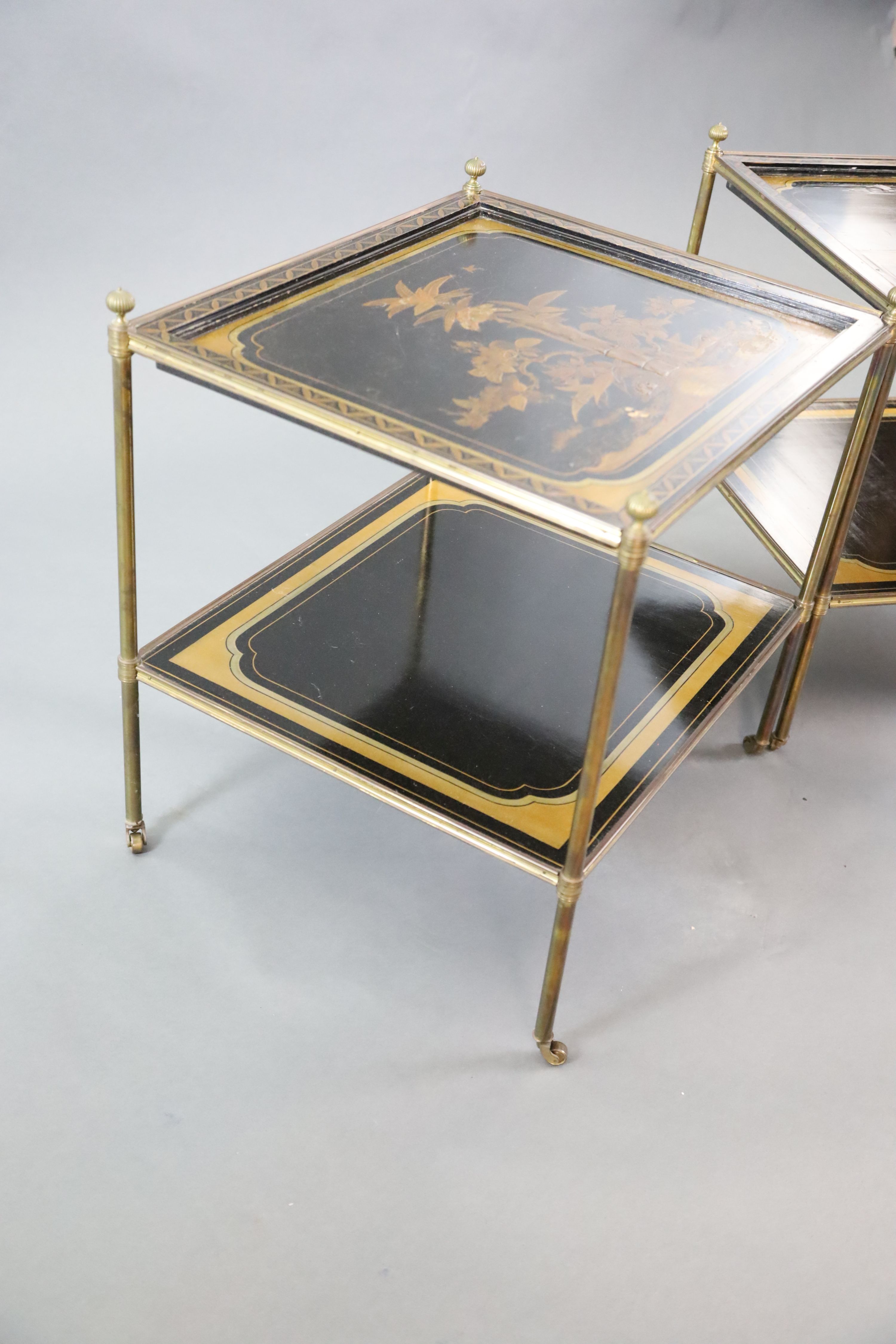 A pair of French brass and chinoiserie black lacquered two tier occasional tables, decorated with - Image 5 of 5
