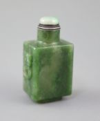 A good Chinese spinach green jade rectangular snuff bottle, 18th/19th century, the sides carved in