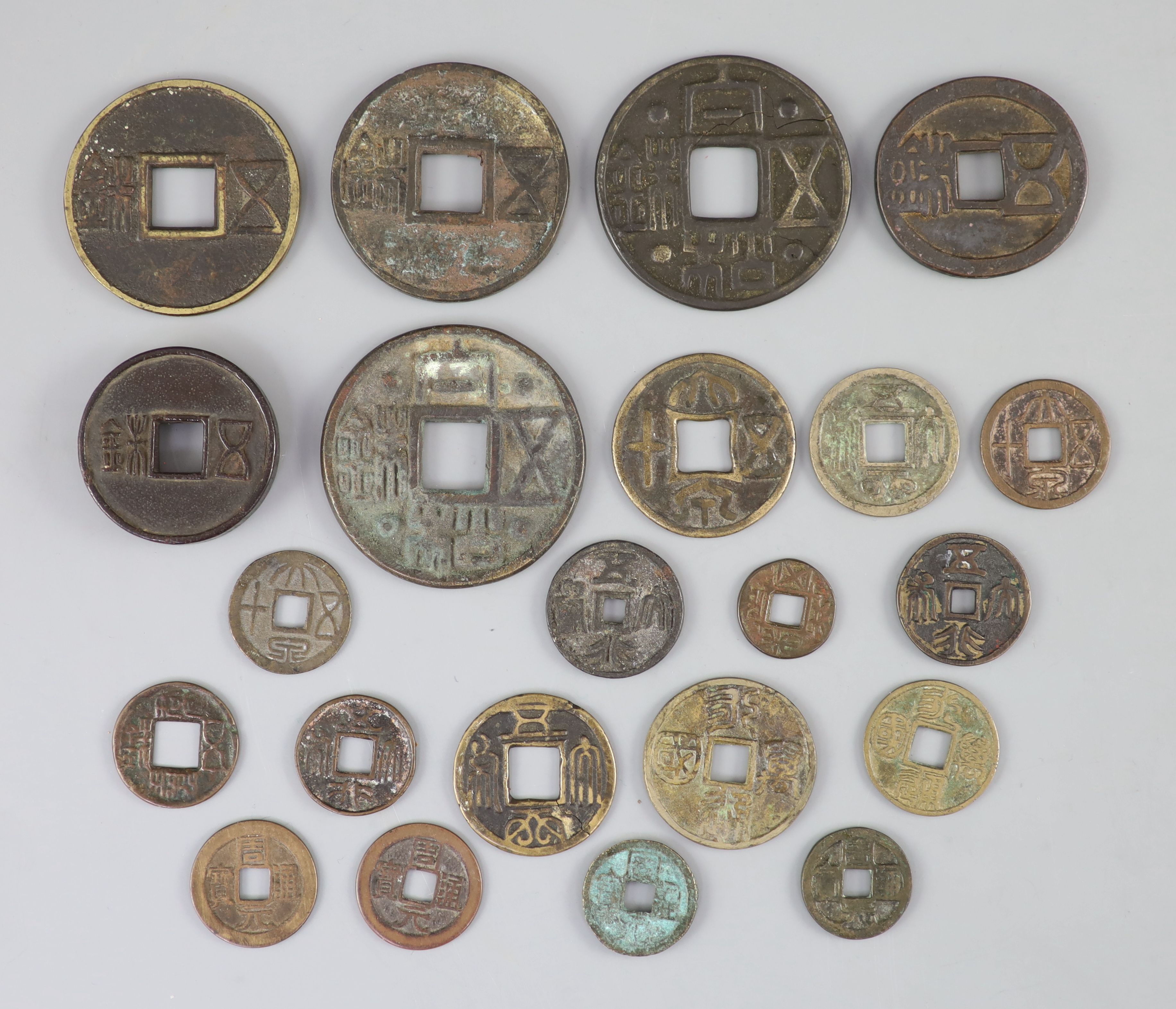 China, a group of 6 bronze coin charms or amulets, 19th century and various Thai (Siamese) porcelain