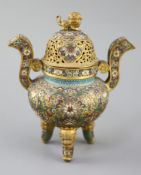 A Chinese cloisonne enamel and gilt copper tripod censer, early Republic period, c.1920, decorated