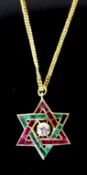 A continental gold, emerald, ruby and diamond set Star of David pendant, on a gold fine link