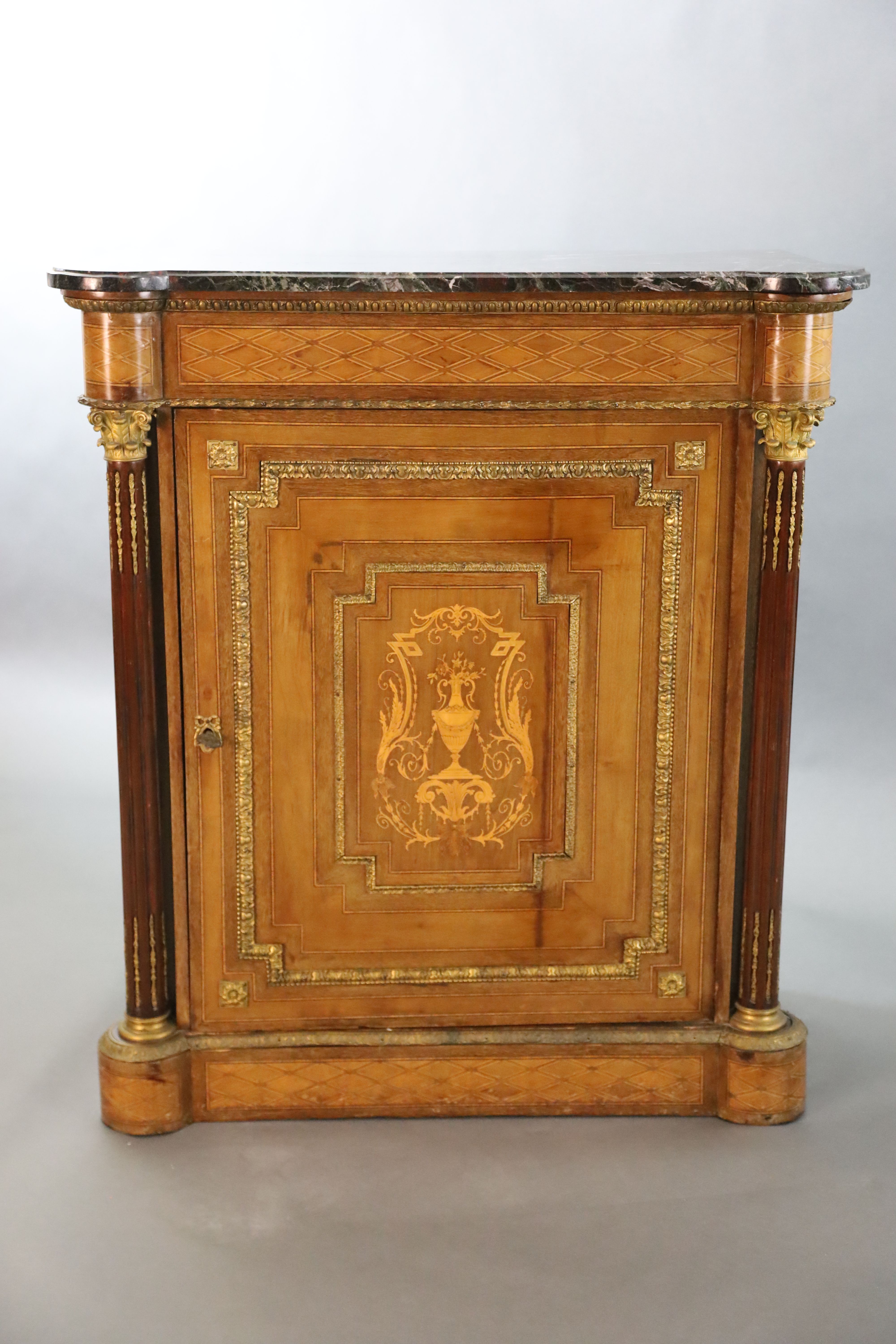 A 19th century French ormolu mounted, walnut and marquetry Meuble d'appoint, with purple and red - Image 3 of 4