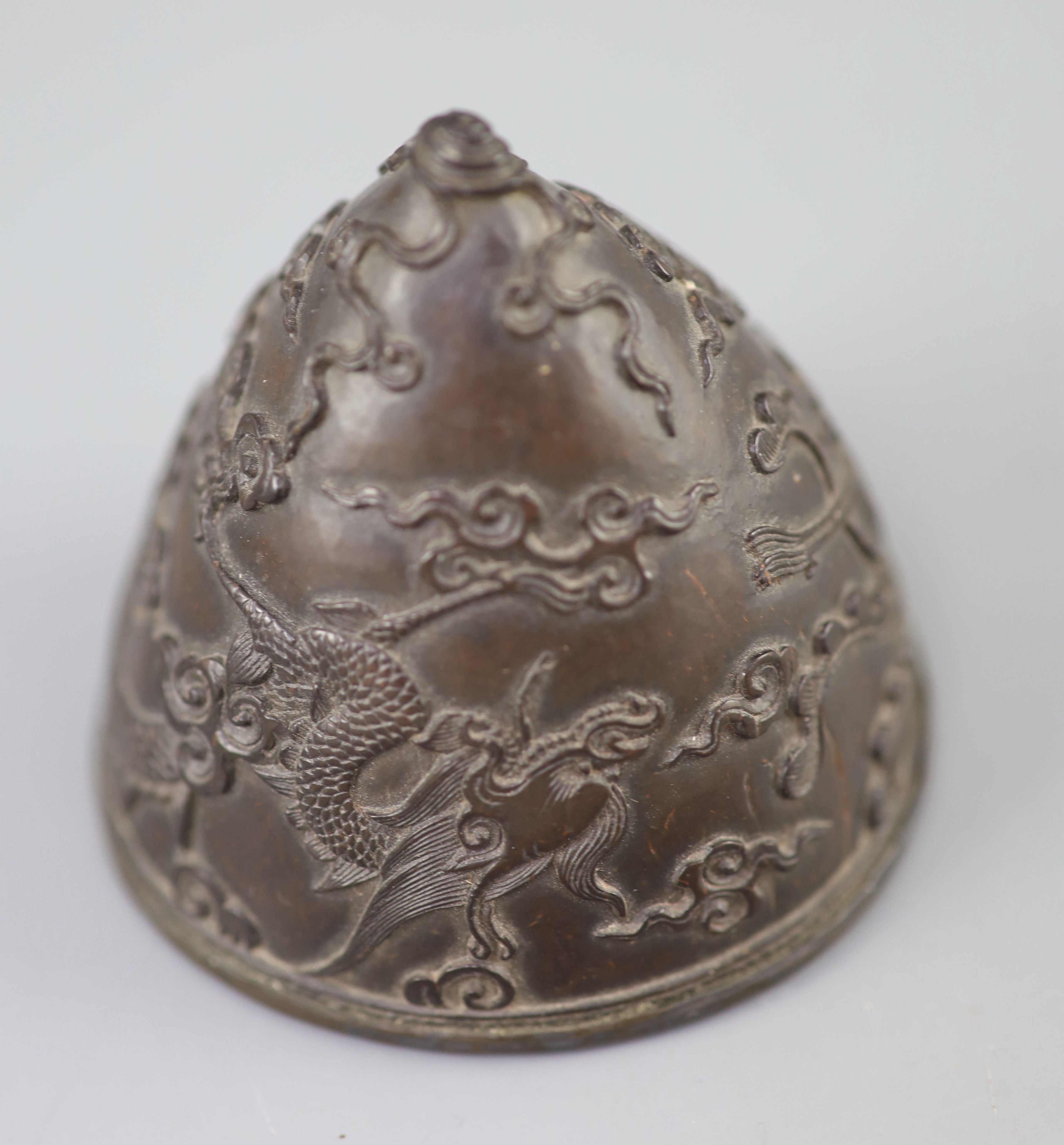 A Chinese 'dragon & phoenix' coconut libation cup, 18th/19th century, finely carved in relief with a - Image 3 of 4