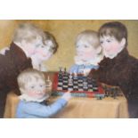 Early 19th century English Schooloil on ivoryMiniature family portrait of the children of the