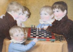 Early 19th century English Schooloil on ivoryMiniature family portrait of the children of the