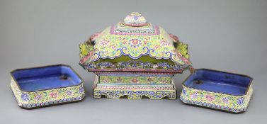 A Chinese Canton (Guangzhou) enamel stand and two similar dishes, Qianlong period, sections from a