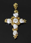 A 20th century continental 18ct gold and six stone baroque pearl set cross pendant, 61mm, gross 16.8