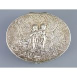 A late 18th/early 19th century French silver oval box, with hinged cover, embossed with children and