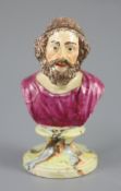 A Enoch Wood type pearlware bust of Homer, on marble base, c.1790-1800, on a marbled socle, 13cm