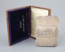 An early Victorian silver double sided 'castle top' card case, depicting views of Windsor and