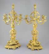 A pair of late 19th century French Louis XV style ormolu seven light candelabra, with foliate scroll