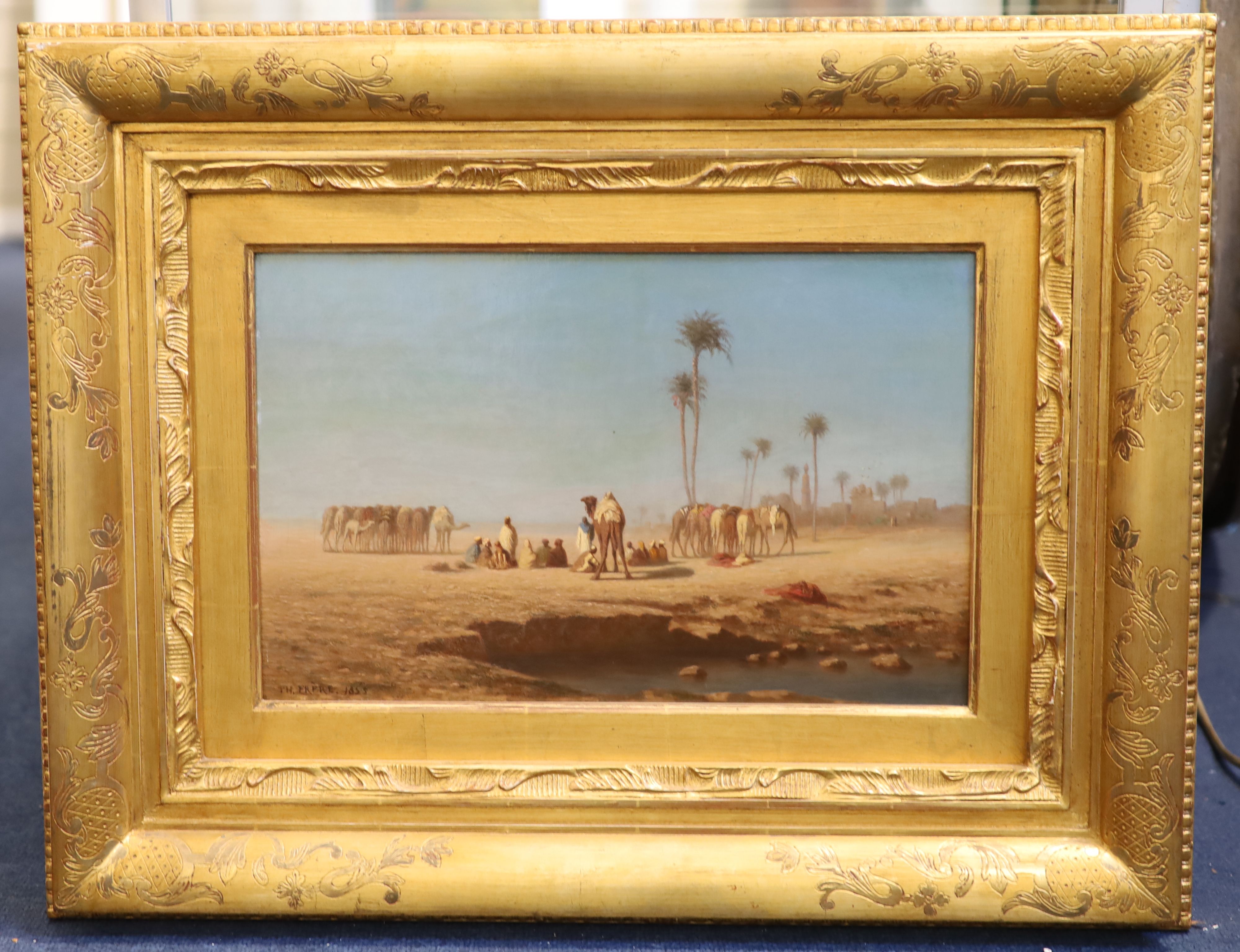 Théodore Frère (French, 1814-1888)oil on wooden panelFigures and camels beside a watering holesigned - Image 2 of 4