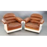 A pair of mid century tan leather and fibreglass tub chairs, possibly French, by Airbourne, W.3ft