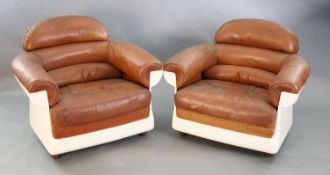 A pair of mid century tan leather and fibreglass tub chairs, possibly French, by Airbourne, W.3ft