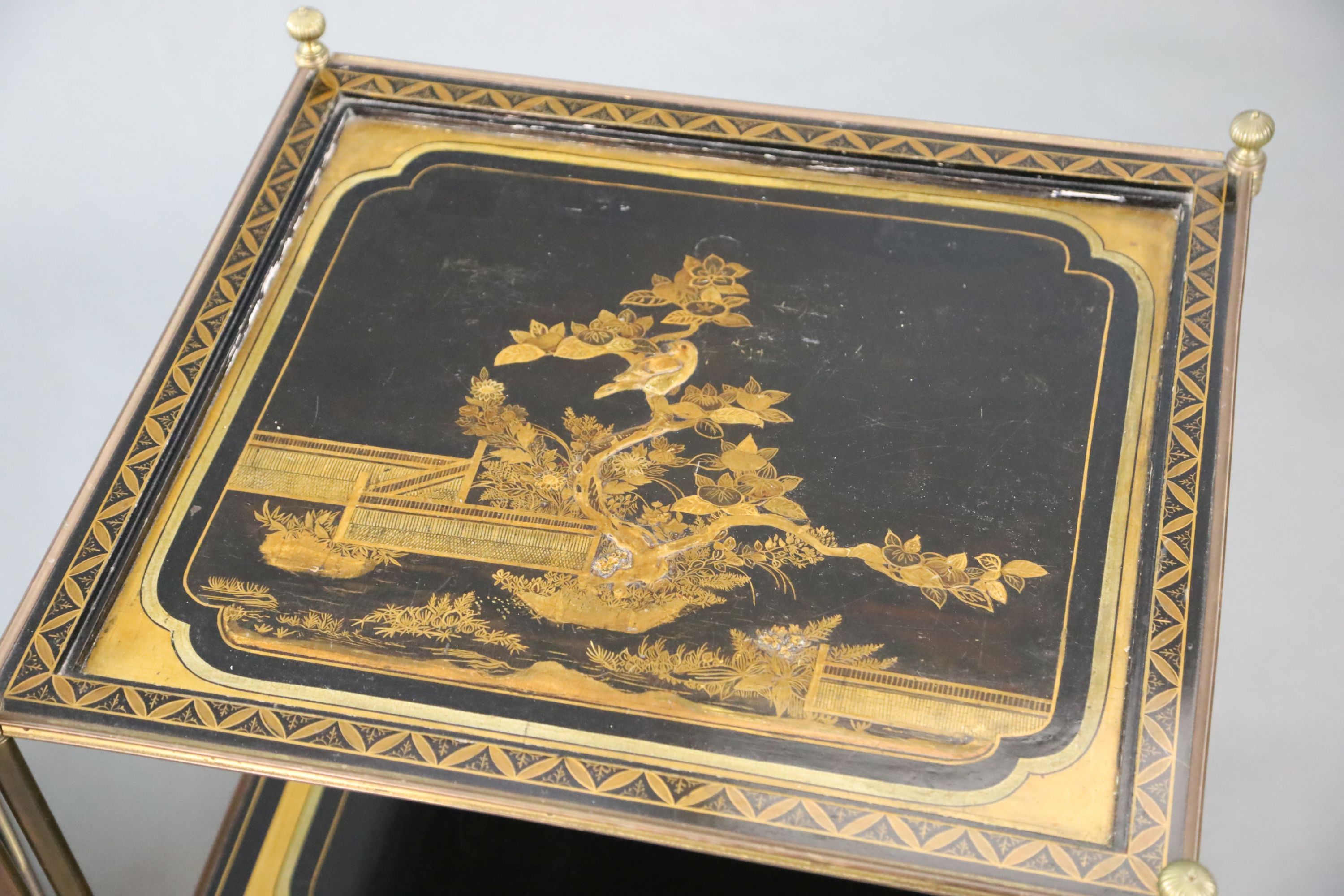 A pair of French brass and chinoiserie black lacquered two tier occasional tables, decorated with - Image 4 of 5