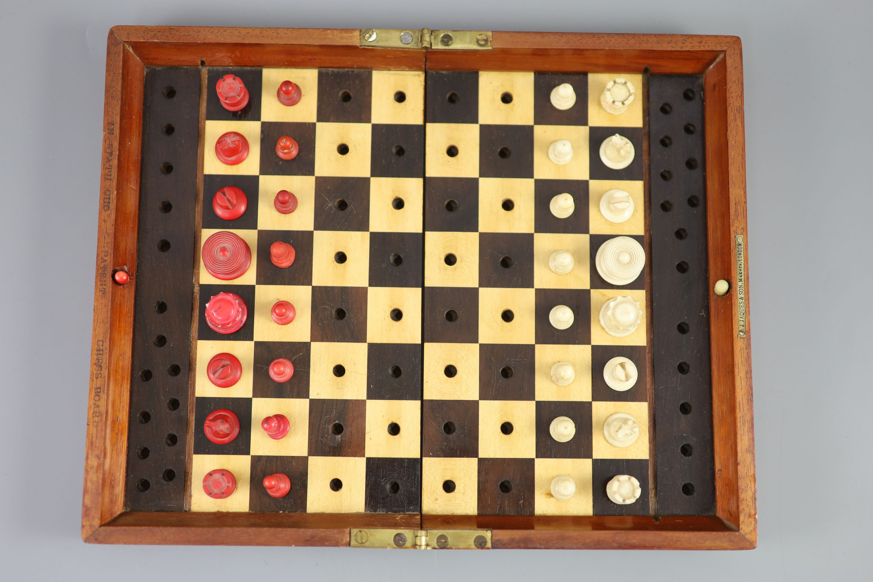 A Jaques & Son Ltd In Statu Quo bone travelling chess set, in mahogany case, c.1860, with brass - Image 2 of 6