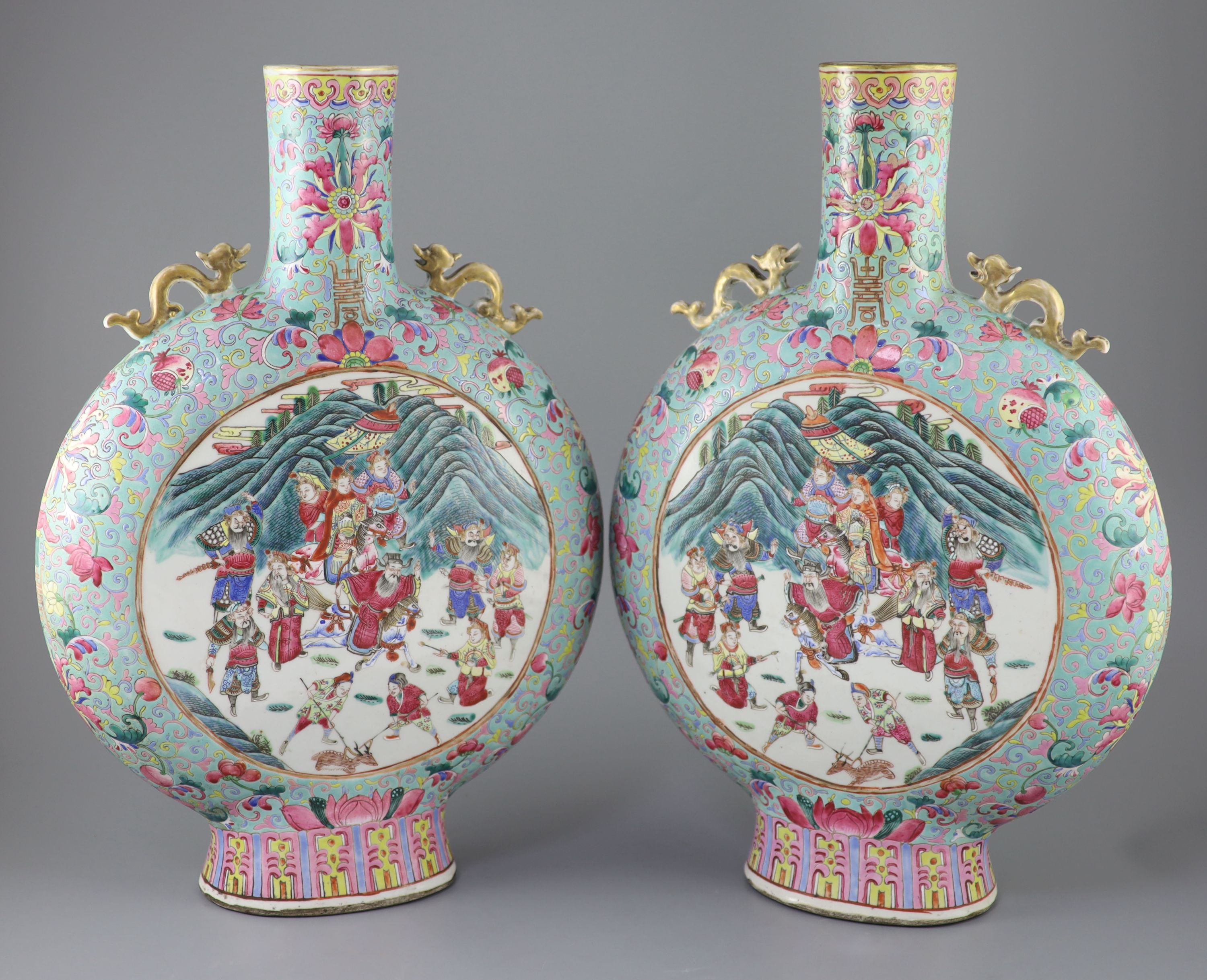 A pair of large Chinese turquoise ground famille rose moon flasks, Tongzhi seal mark and of the