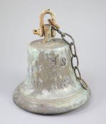 A bronze ship's bell from the 1914 HMS Ark Royal, retaining its original clanger, height 8.25in.