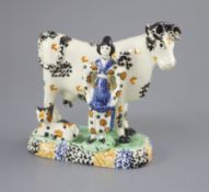 A Yorkshire Prattware 'cow and milkmaid' group, probably Mexborough, c.1820, with sponged