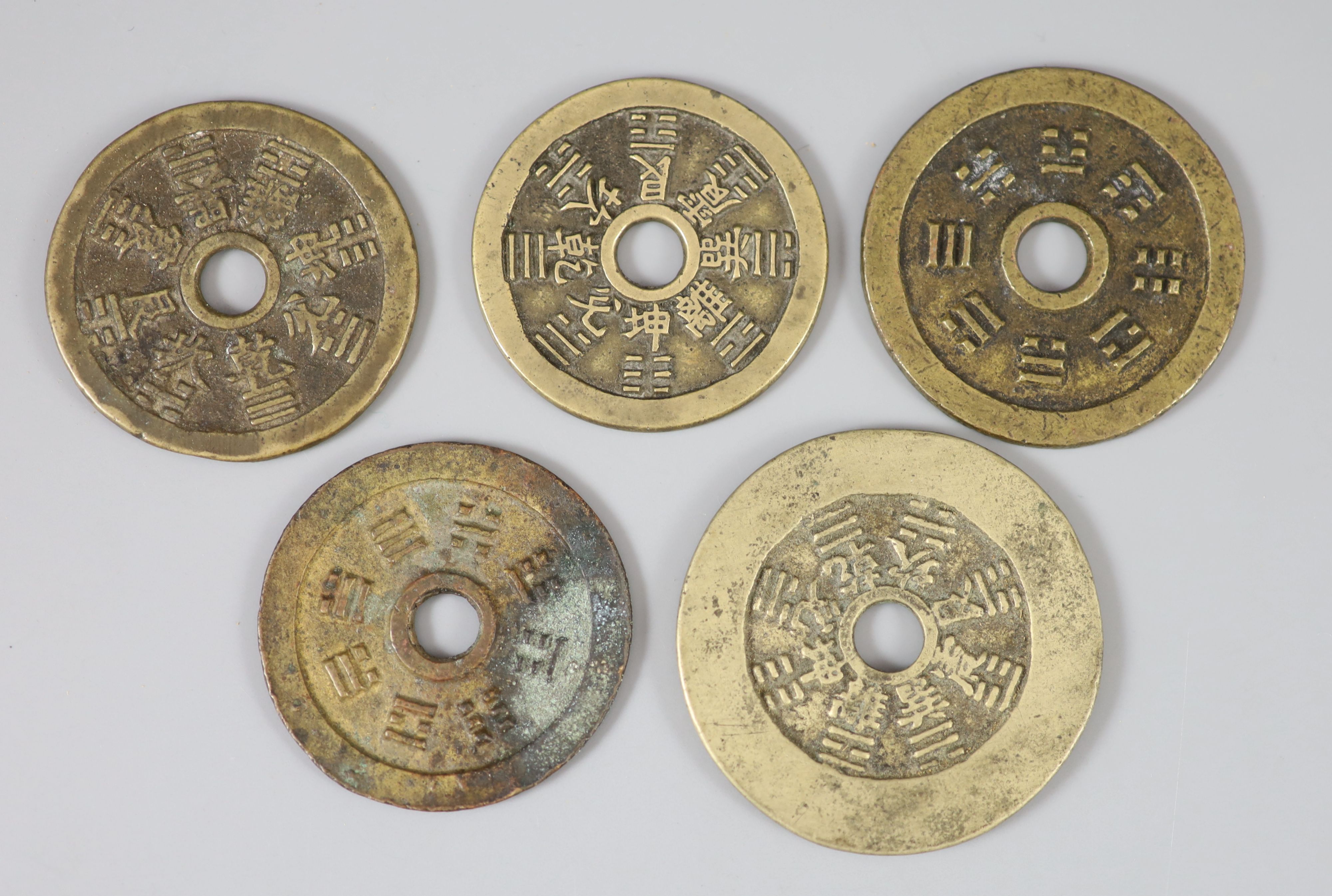 China, 5 bronze zodiac charms or amulets, Qing dynasty, three obv. Twelve Terrestial Branches &