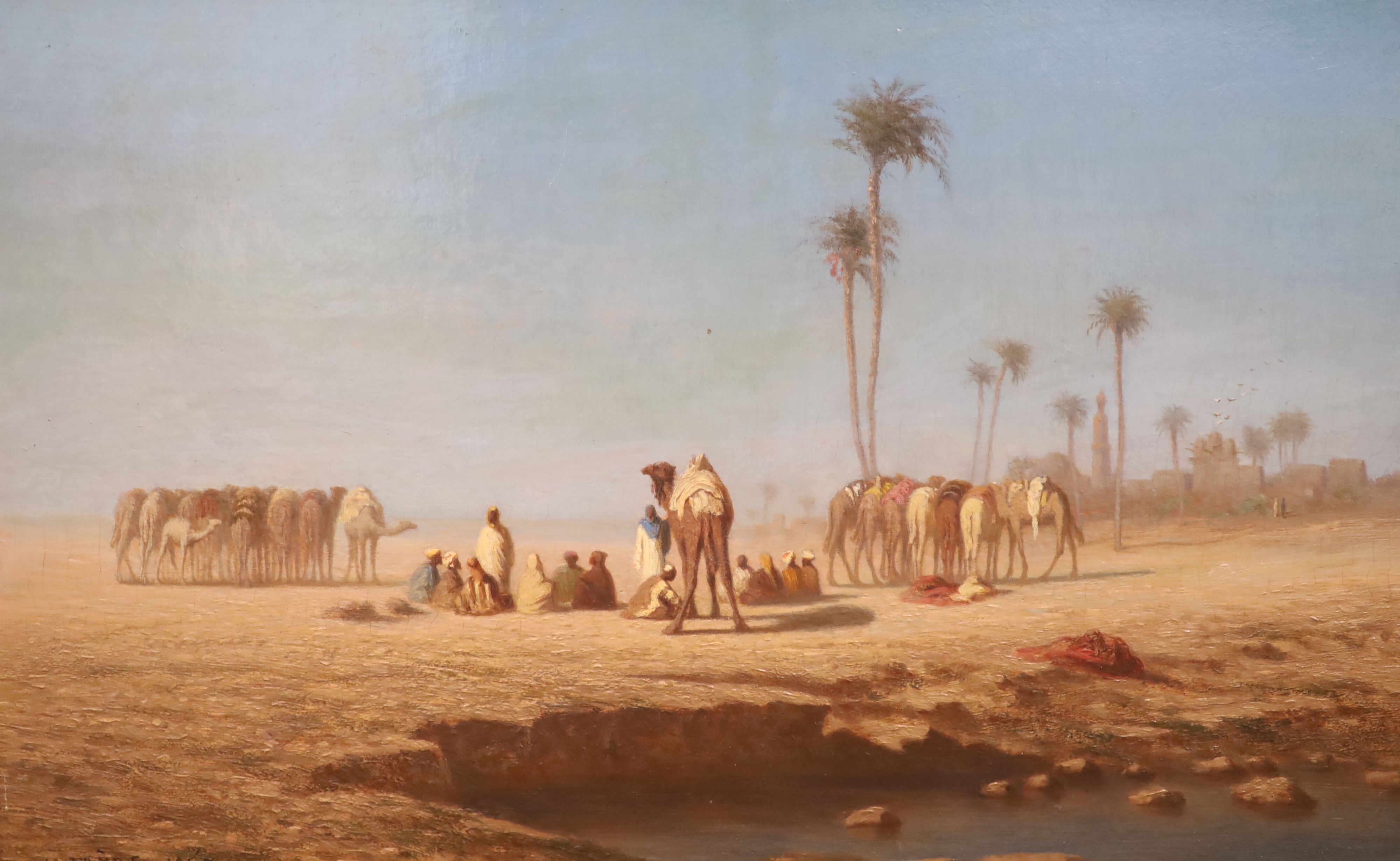 Théodore Frère (French, 1814-1888)oil on wooden panelFigures and camels beside a watering holesigned