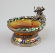 A 19th century Austro-Hungarian silver, green enamel and gem set mounted agate sweetmeat bowl,