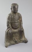 A Chinese bronze seated figure of Zhenwu, late Ming dynasty, wearing robes, the base with snake,