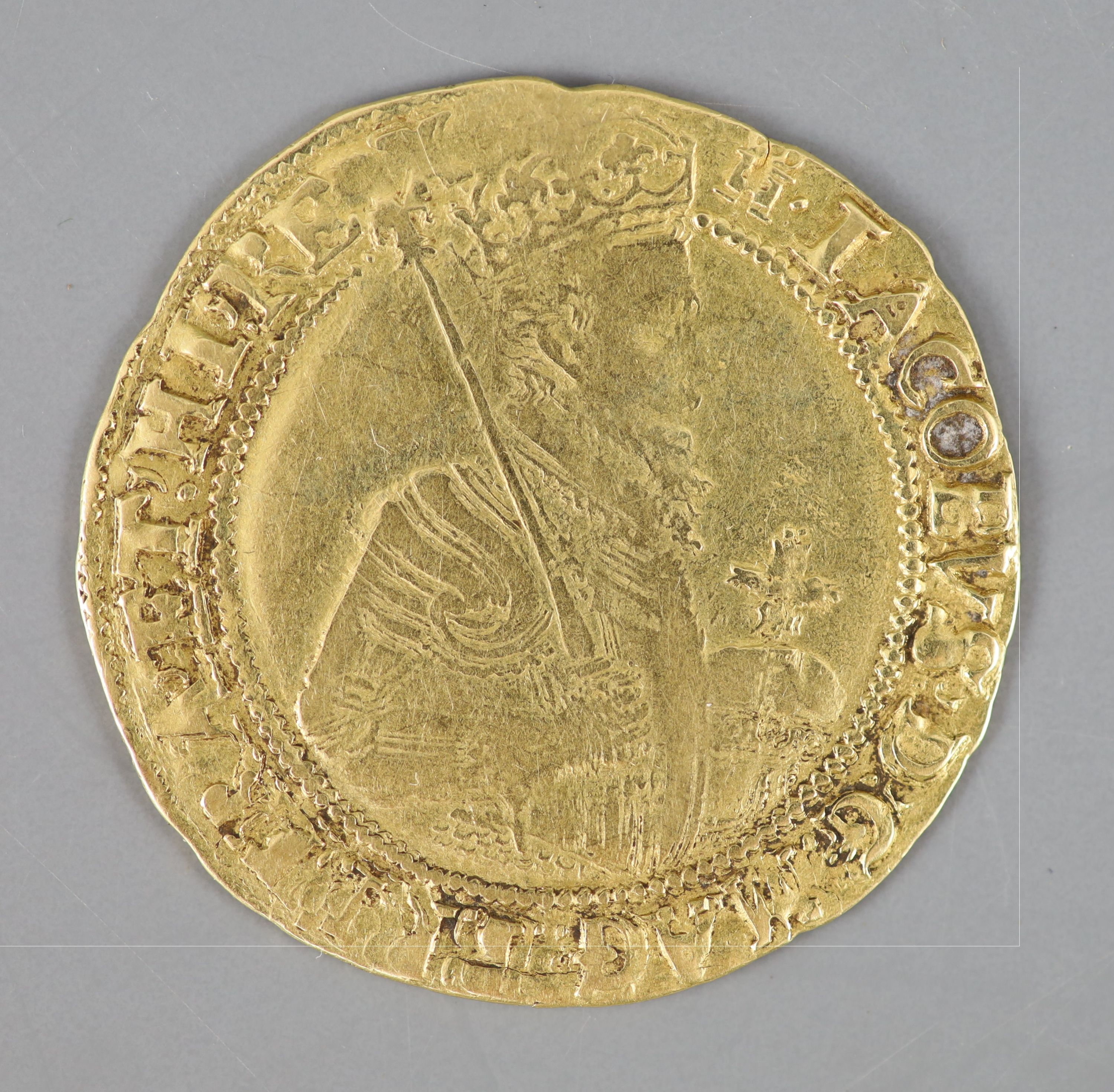 A James I gold Unite coin, fourth bust, 1612-13, mm. Tower, slight crease with weakness to the area,