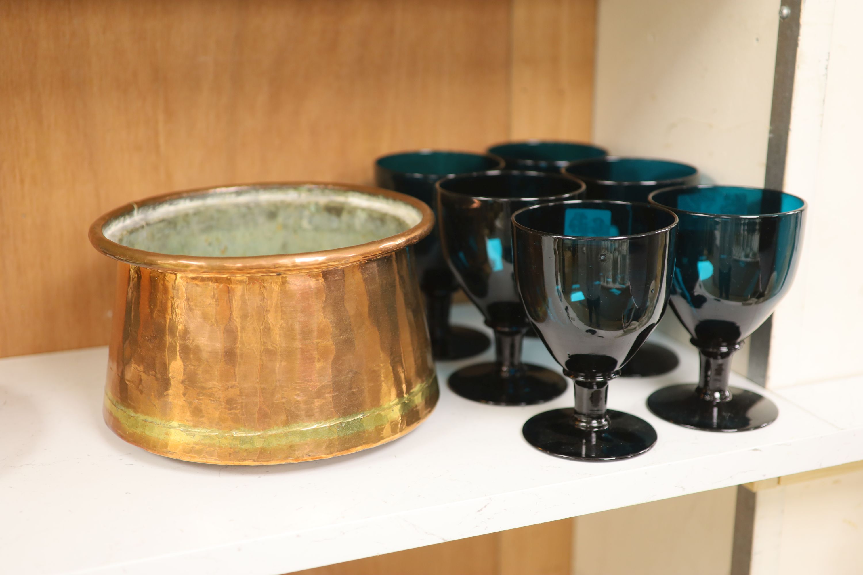 A set of six early 19th century green glass rummers together with a copper jardiniere, diameter