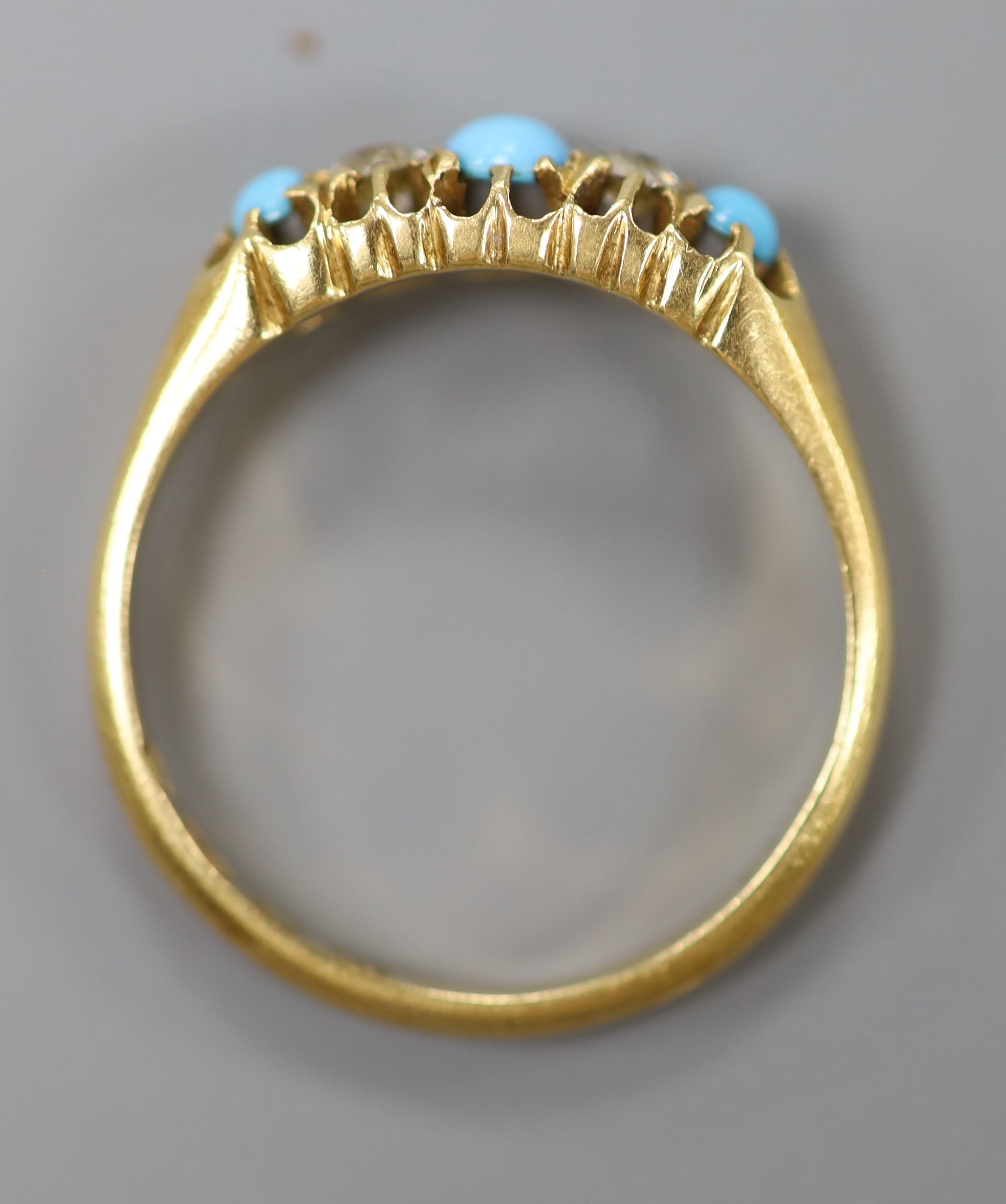 A late Victorian 18ct gold, turquoise and diamond set five stone half hoop ring, size L, gross 2.9 - Image 3 of 4