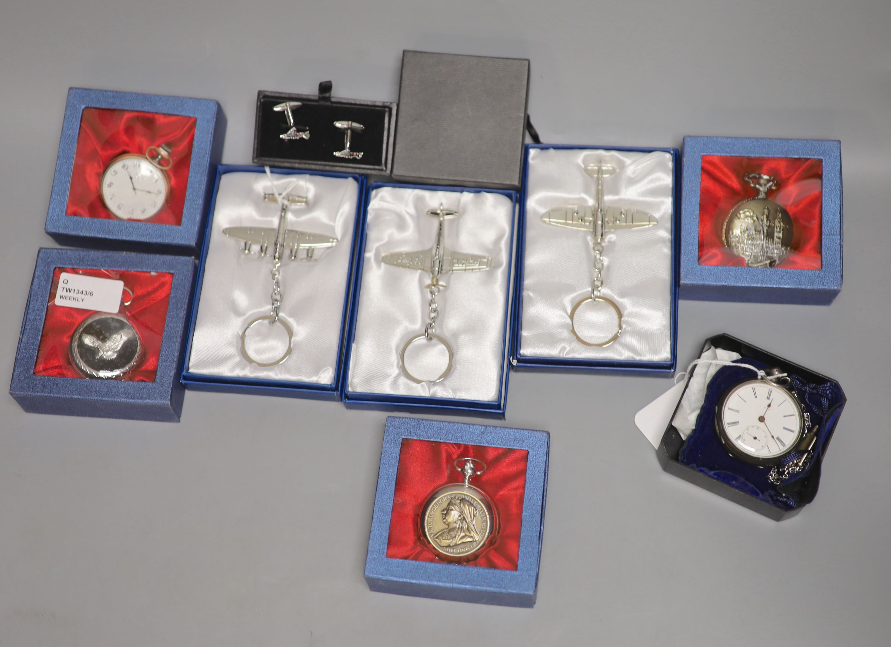 A late Victorian silver-cased pocket watch and sundry items, comprising five boxed modern quartz fob