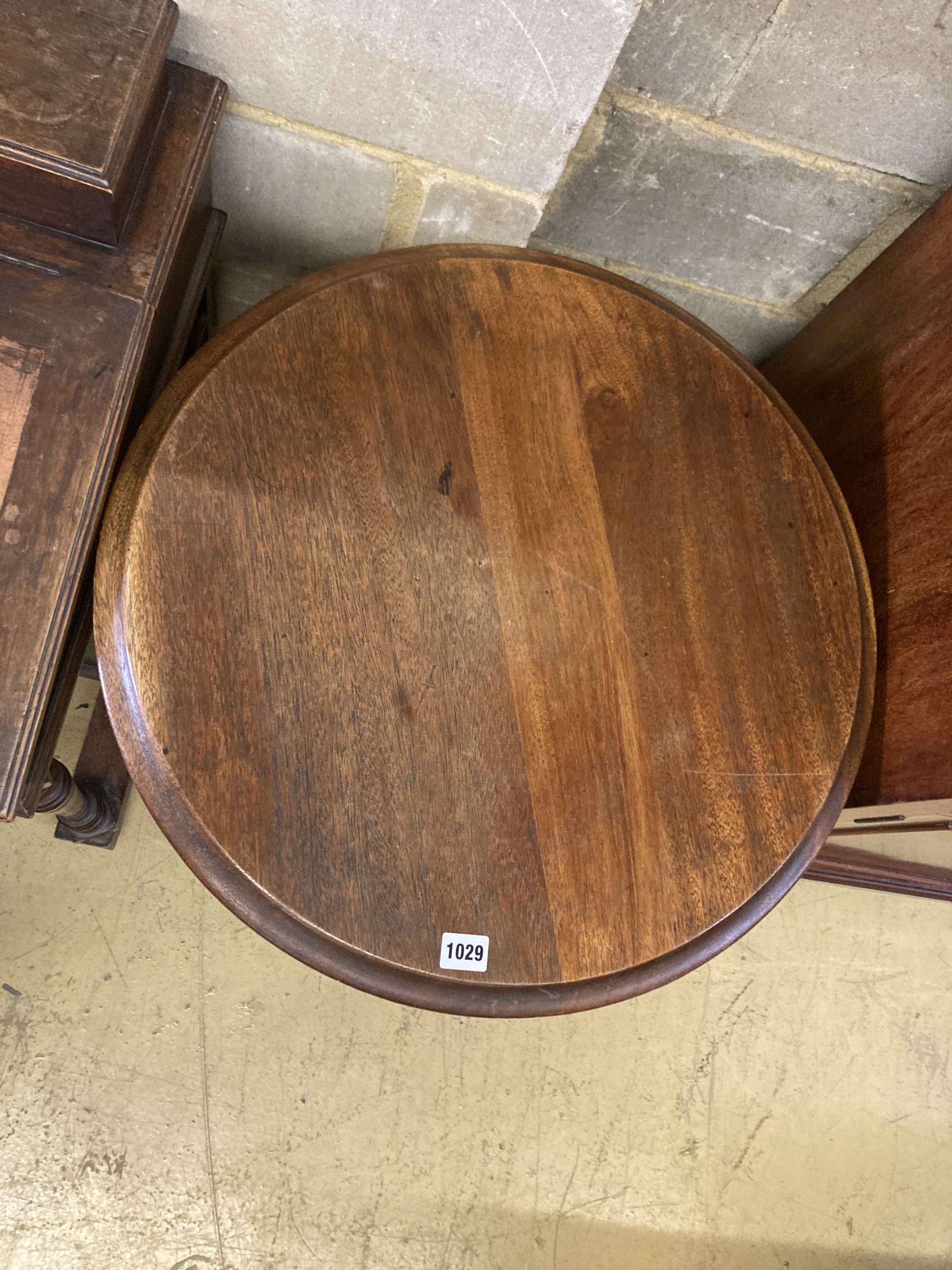 A Victorian style cast iron circular mahogany topped table, 58cm diameter, height 72cm - Image 2 of 3