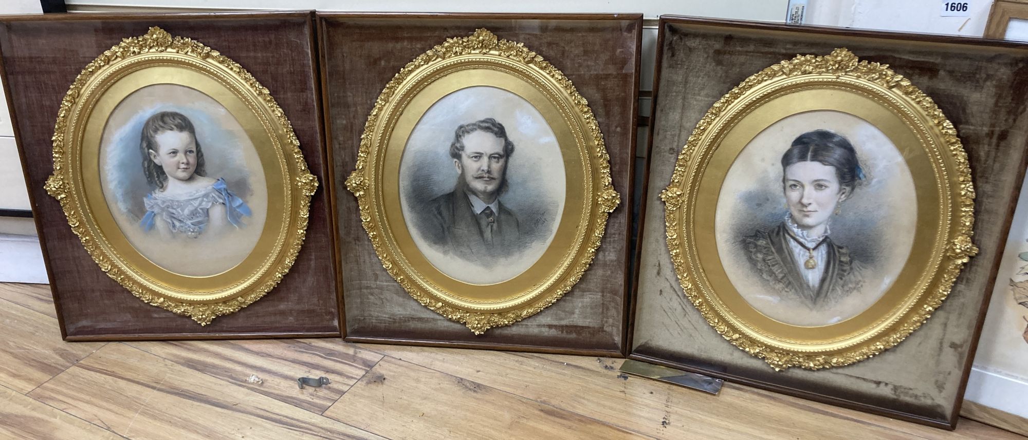 Three Victorian chalk portraits in gilt frames, with rosewood outer frames, signed, dated 1869/70