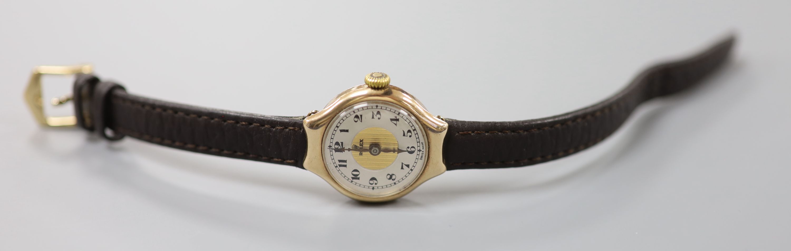 A lady's 1920's 9ct gold Rolex manual wind wrist watch, on associated leather strap, case diameter - Image 2 of 3