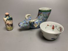 A Chinese famille rose cup, an ox rhyton cup and an enamel on copper snuff bottleCONDITION: The