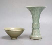 A Chinese crackleglaze beaker vase, height 17cm. and a celadon bowlCONDITION: Both good